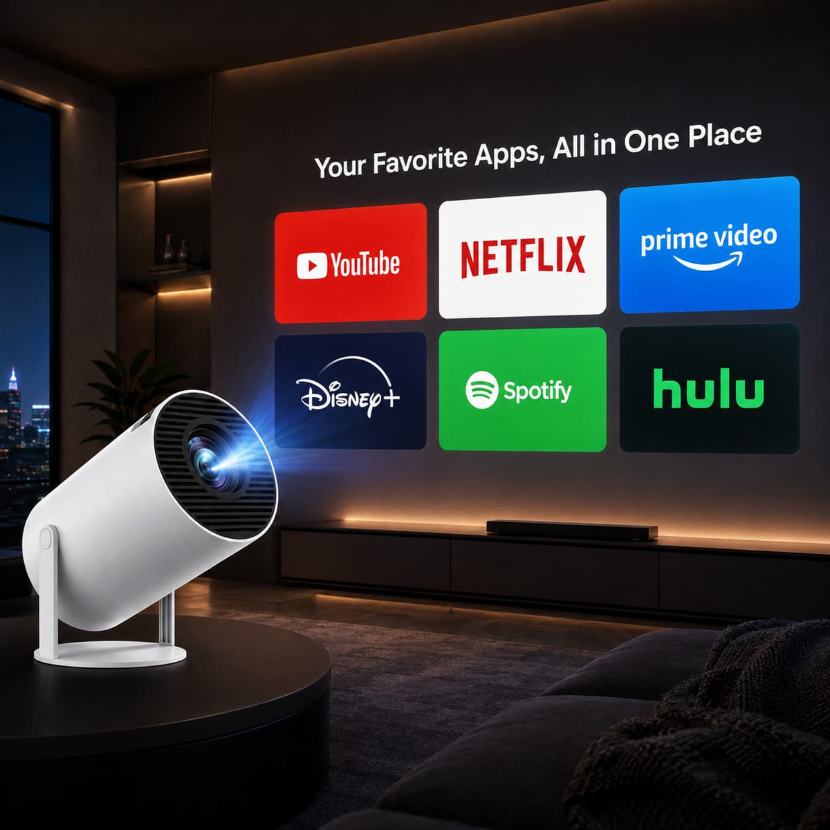 A white portable projector sits on a round table in a modern living room, projecting a colorful screen of apps including YouTube, Netflix, Prime Video, Disney+, Spotify, and Hulu onto a dark wall.