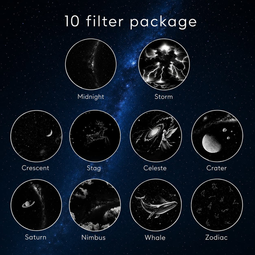 A promotional graphic for a 10-filter package showing nine circular sample images on a starry space background, labeled Midnight, Storm, Crescent, Stag, Celeste, Crater, Saturn, Nimbus, Whale, and Zodiac. The top text reads '10 filter package'.