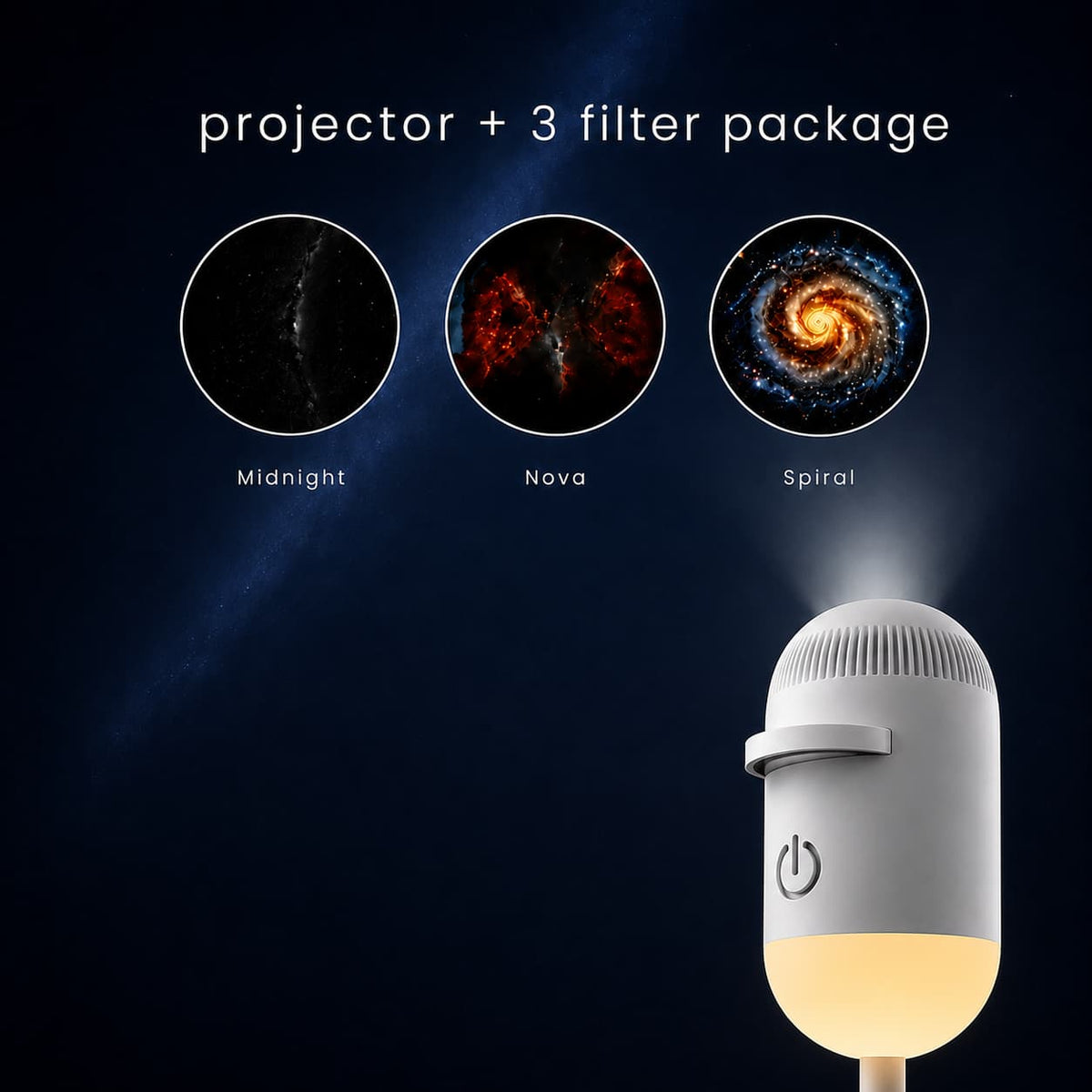 A cylindrical white and gray projector lamp with a glowing warm yellow base, shown on a dark starry background. Above it, the text reads 'projector + 3 filter package' with three circular galaxy images labeled Midnight, Nova, and Spiral.