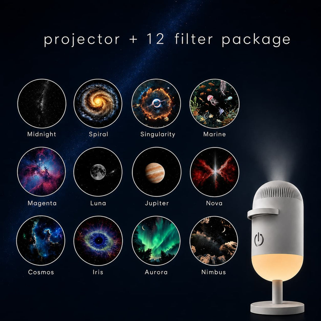 A projector lamp shown on a dark starry background with the text 'projector + 12 filter package' above it. The lamp is white and gray with a glowing warm light, and beside it are 12 circular space-themed filter options labeled Midnight, Spiral, Singularity, Marine, Magenta, Luna, Jupiter, Nova, Cosmos, Iris, Aurora, and Nimbus.
