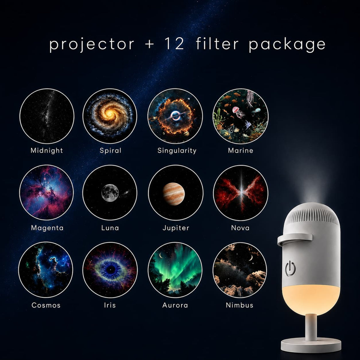 A projector lamp shown on a dark starry background with the text 'projector + 12 filter package' above it. The lamp is white and gray with a glowing warm light, and beside it are 12 circular space-themed filter options labeled Midnight, Spiral, Singularity, Marine, Magenta, Luna, Jupiter, Nova, Cosmos, Iris, Aurora, and Nimbus.
