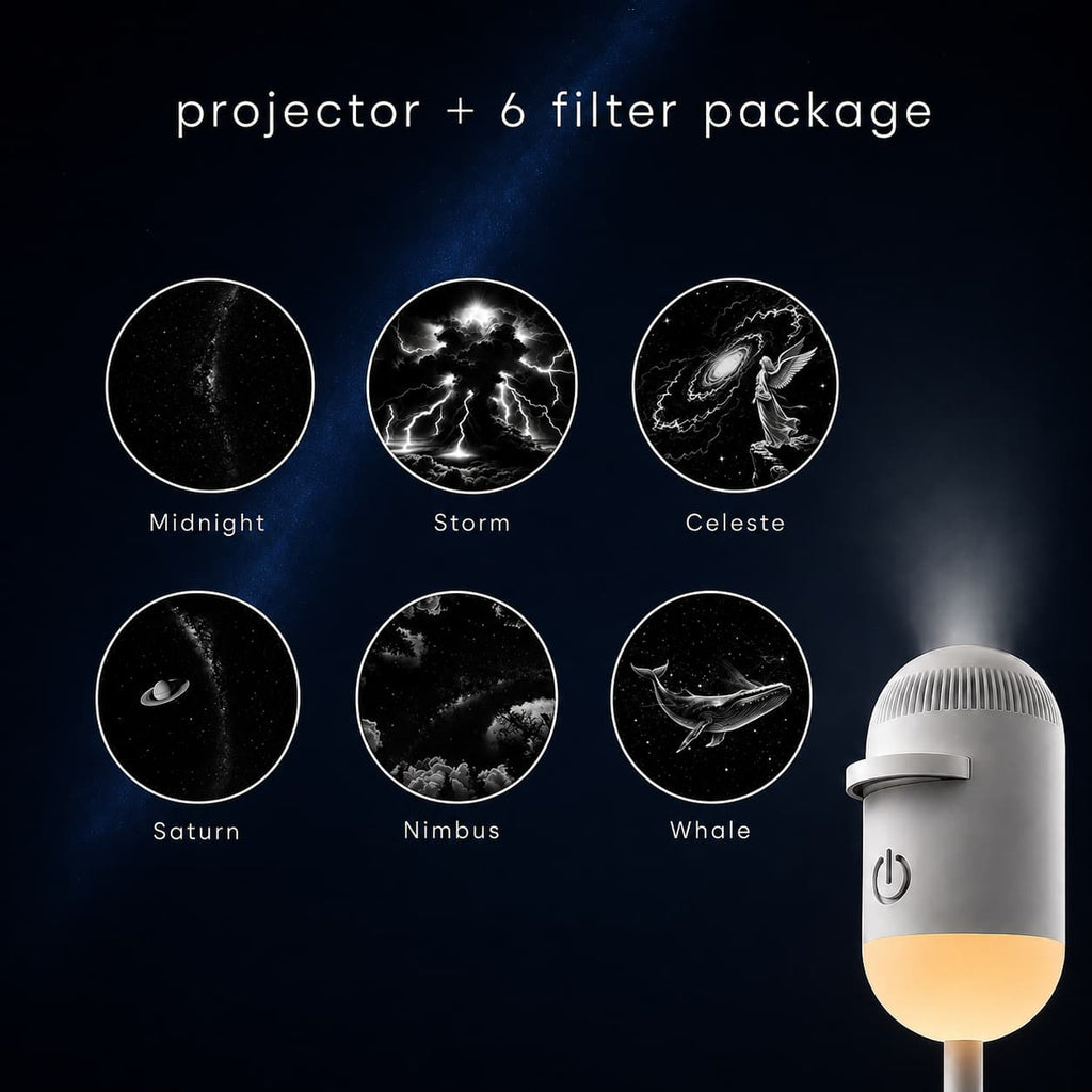 A projector lamp shown on the right side with a glowing warm light, alongside six circular space-themed filter options labeled Midnight, Storm, Celeste, Saturn, Nimbus, and Whale, under the text 'projector + 6 filter package' on a dark blue background.