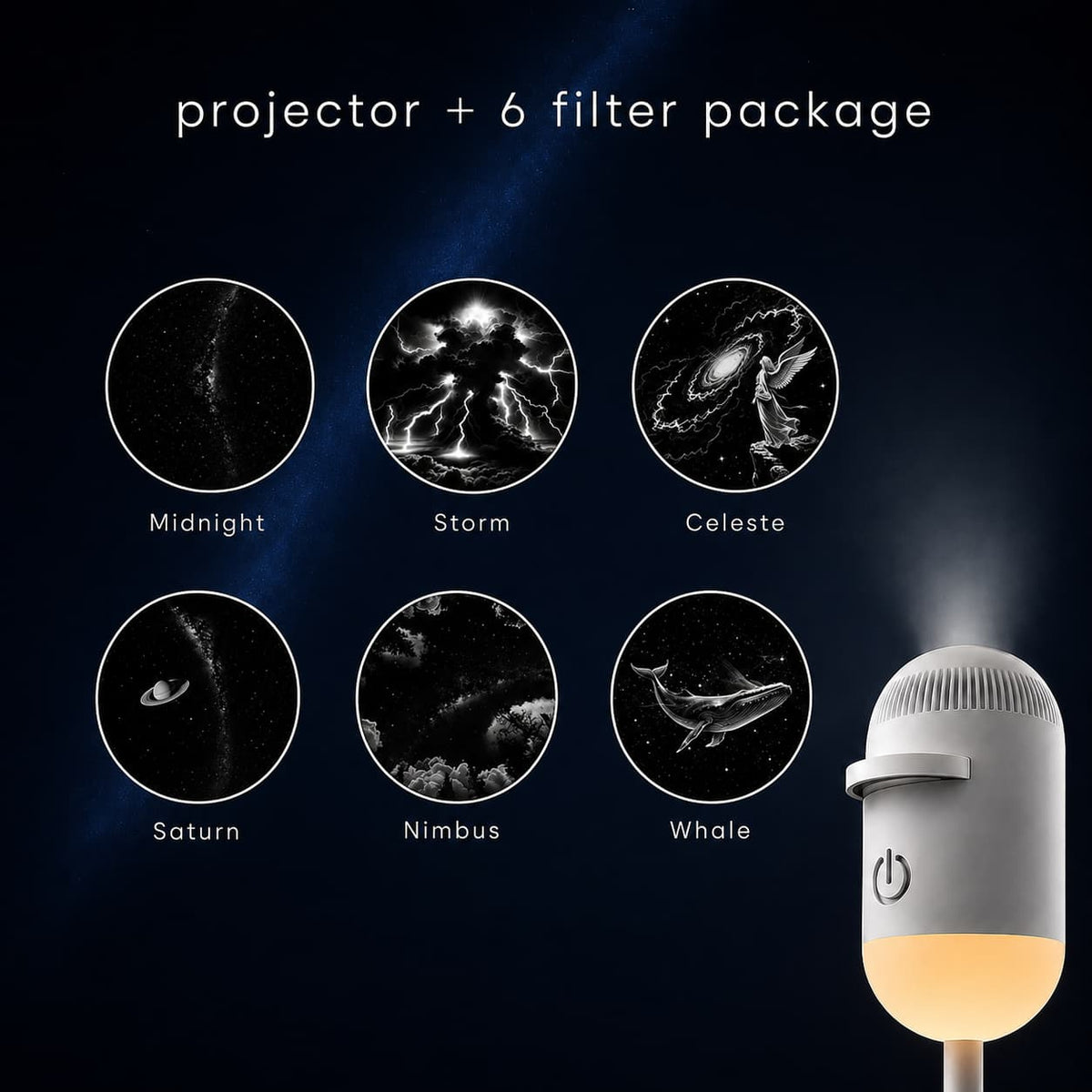 A projector lamp shown on the right side with a glowing warm light, alongside six circular space-themed filter options labeled Midnight, Storm, Celeste, Saturn, Nimbus, and Whale, under the text 'projector + 6 filter package' on a dark blue background.