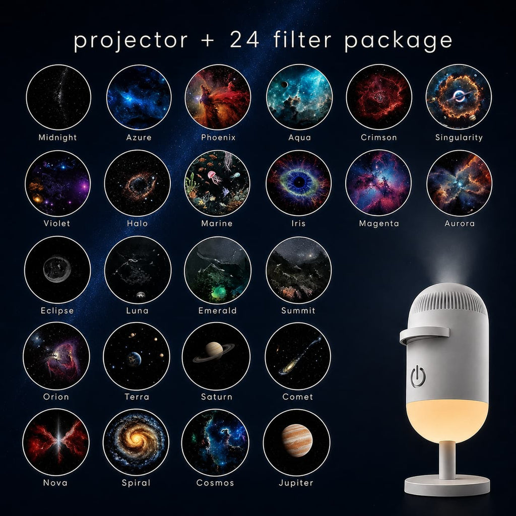 A promotional graphic for a projector + 24 filter package on a dark starry background. The image shows a white and gray projector lamp on the right, glowing with warm light, and a grid of 24 circular galaxy and space-themed filter options labeled Midnight, Azure, Phoenix, Aqua, Crimson, Singularity, Violet, Halo, Marine, Iris, Magento, Aurora, Eclipse, Luna, Emerald, Summit, Orion, Terra, Saturn, Comet, Nova, Spiral, Cosmos, and Jupiter.
