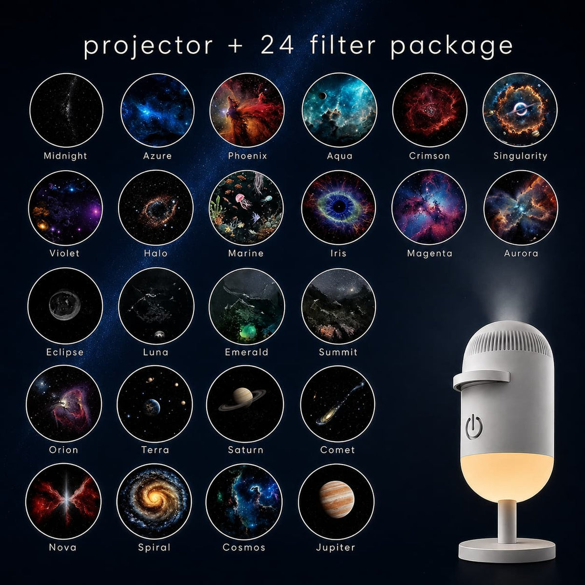 A promotional graphic for a projector + 24 filter package on a dark starry background. The image shows a white and gray projector lamp on the right, glowing with warm light, and a grid of 24 circular galaxy and space-themed filter options labeled Midnight, Azure, Phoenix, Aqua, Crimson, Singularity, Violet, Halo, Marine, Iris, Magento, Aurora, Eclipse, Luna, Emerald, Summit, Orion, Terra, Saturn, Comet, Nova, Spiral, Cosmos, and Jupiter.