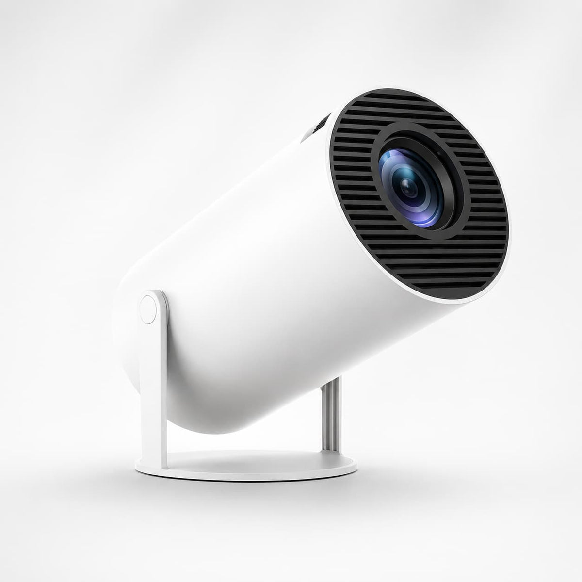 A white cylindrical projector with a black front grille and a visible lens, mounted on a slim stand against a clean white background.