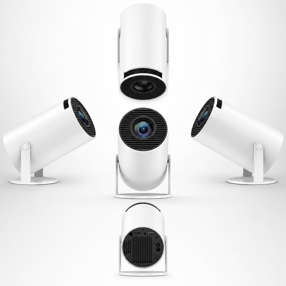A set of five white cylindrical projectors or lamp-like devices with black front grilles and lenses, arranged symmetrically on a clean white background.