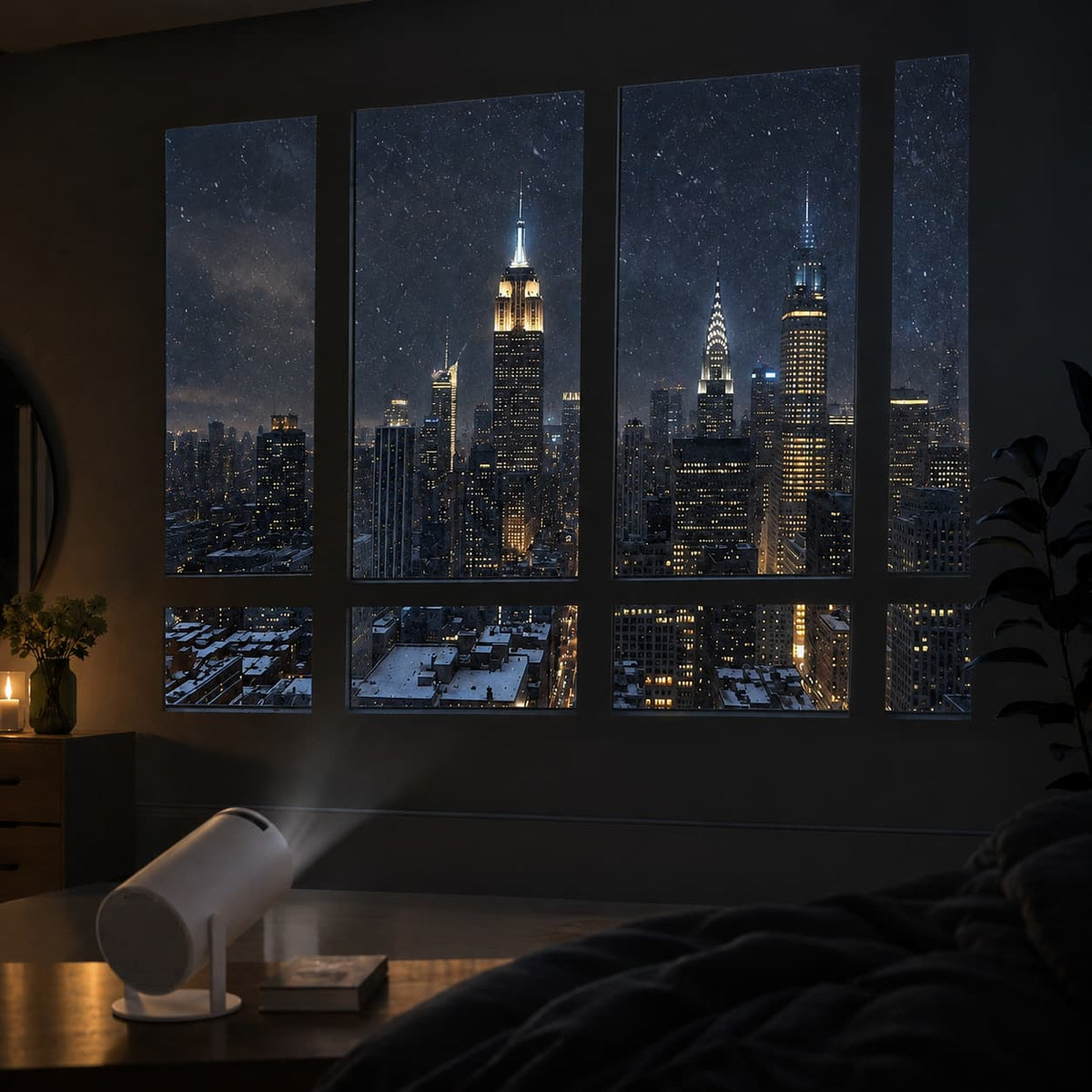 A white portable projector on a wooden table in a dark bedroom, projecting a snowy city skyline at night with illuminated skyscrapers onto the wall across three large panels.