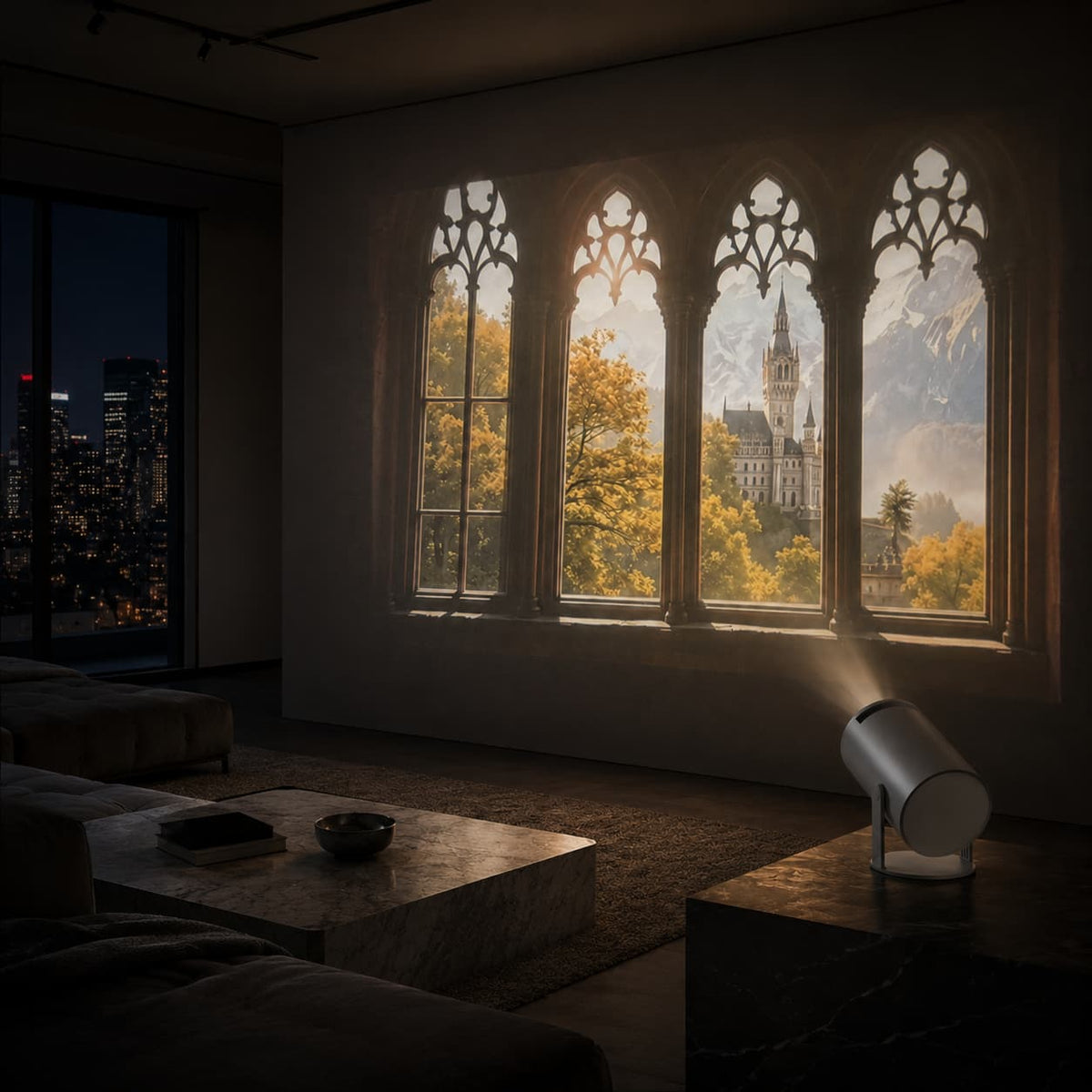 A modern room interior with a spotlight projecting light toward large arched windows showing an autumn cityscape and castle view. The spotlight is placed on a side table in a dimly lit room with a sofa and coffee table.