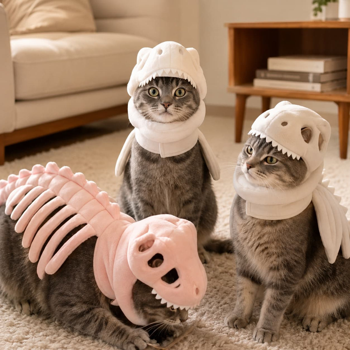 Three gray tabby cats wearing plush dinosaur costumes in a cozy living room. One cat stands upright wearing a white T-Rex style hooded costume with wing-like side pieces.