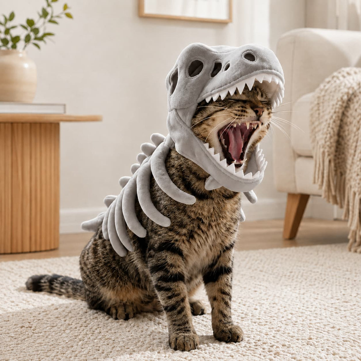A tabby cat wearing a plush dinosaur skeleton costume with a headpiece and back spikes, sitting on a cream rug in a bright living room.