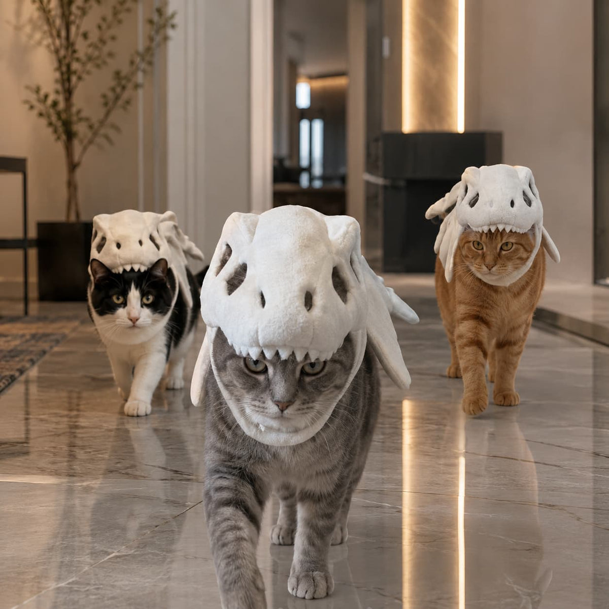 Three cats wearing white dinosaur skull costumes walk together in a modern indoor hallway with polished marble floors.